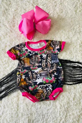 1116WY Western leopard cactus & floral prints baby romper with tassels