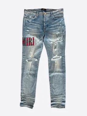 Amiri Clay Indigo Red Flannel Core Applique Logo Jeans