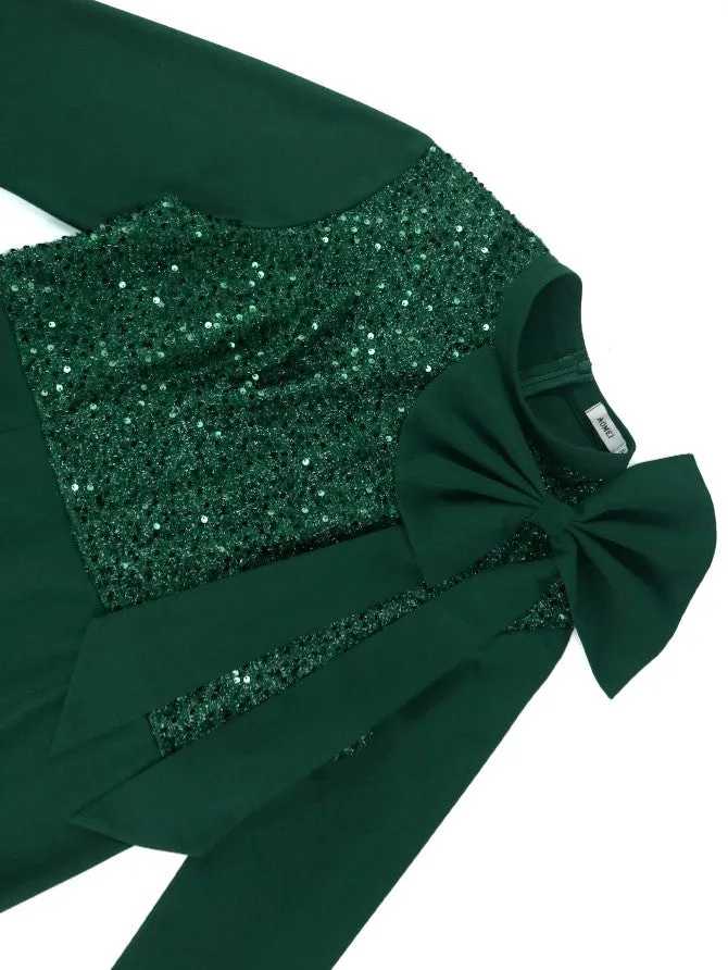 AOMEIDRESS Green Mermaid Dress Sequins Patchwork Big Bow Flare Sleeve