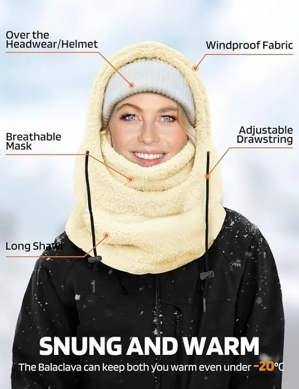 AURUZA Balaclava Windproof Ski Mask Winter Face Mask Cold Weather Fleece Neck Warmer Scarf for Women and Men Hat Cap (UK, Alpha, One Size, L, Beige)