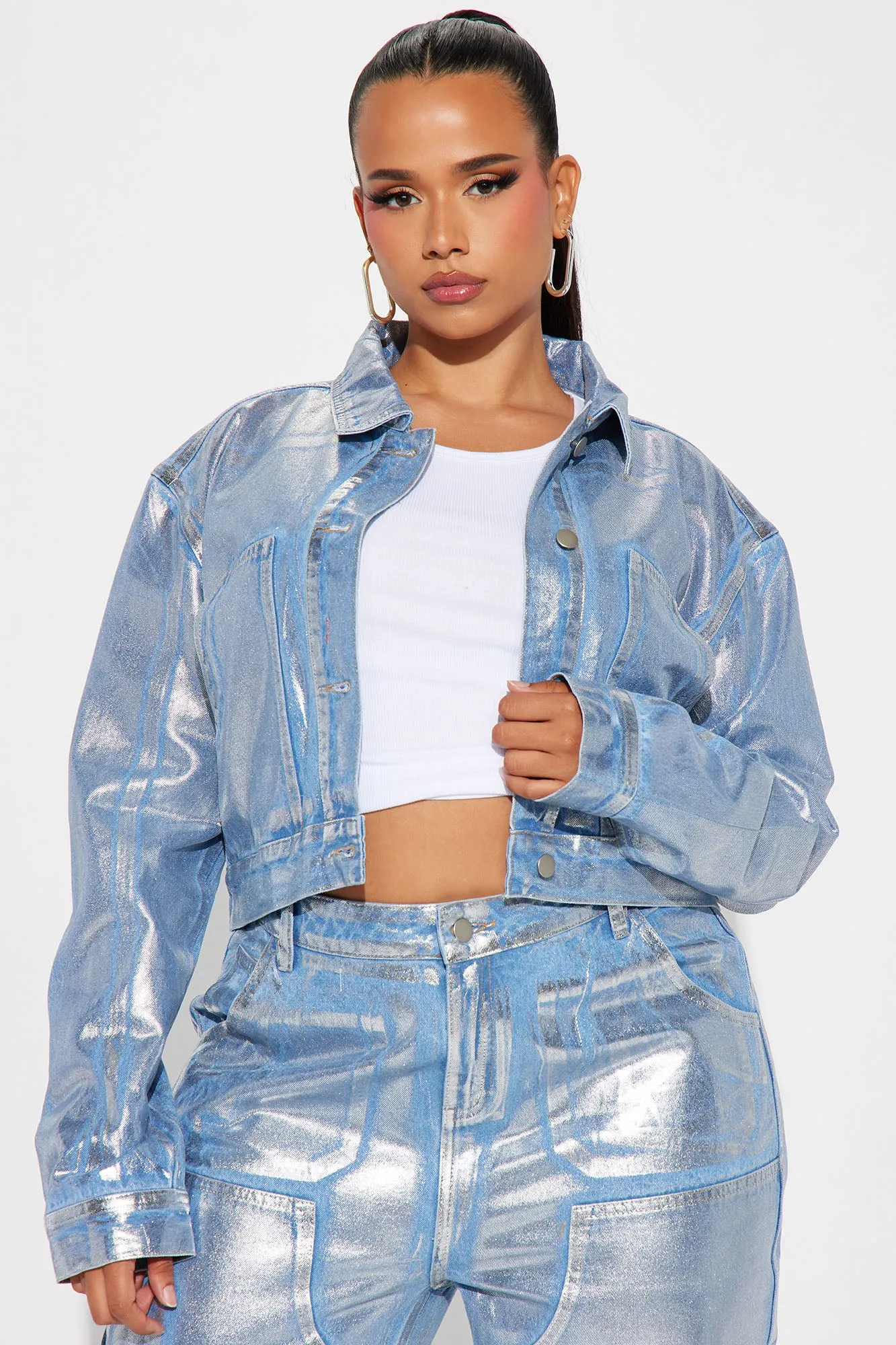 Big Time Magic Metallic Coated Denim Jacket - Light Wash