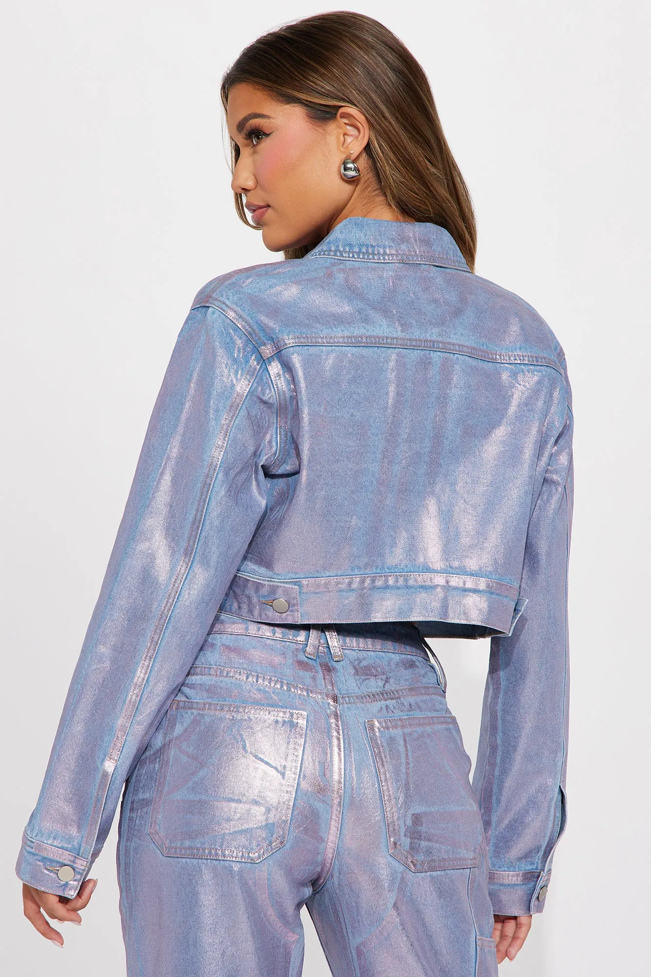 Big Time Magic Metallic Coated Denim Jacket - Pink