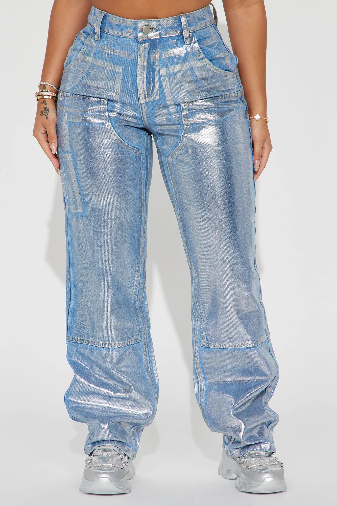 Big Time Magic Metallic Coated Straight Leg Jeans - Light Wash