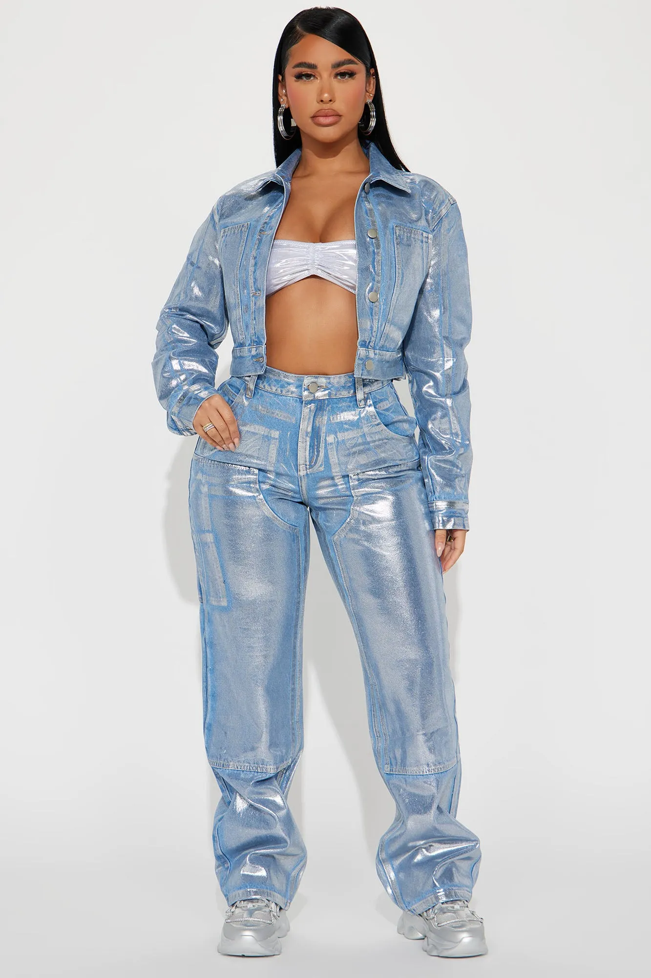 Big Time Magic Metallic Coated Straight Leg Jeans - Light Wash