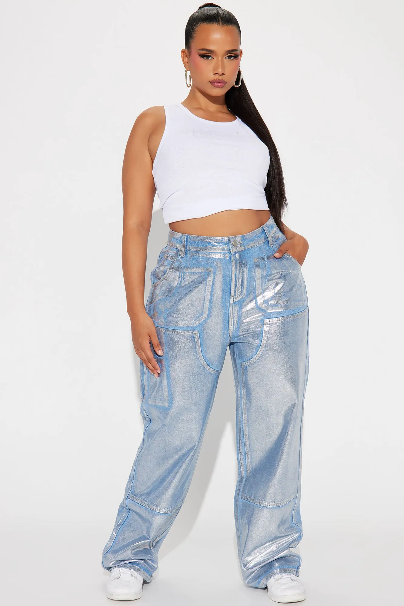 Big Time Magic Metallic Coated Straight Leg Jeans - Light Wash