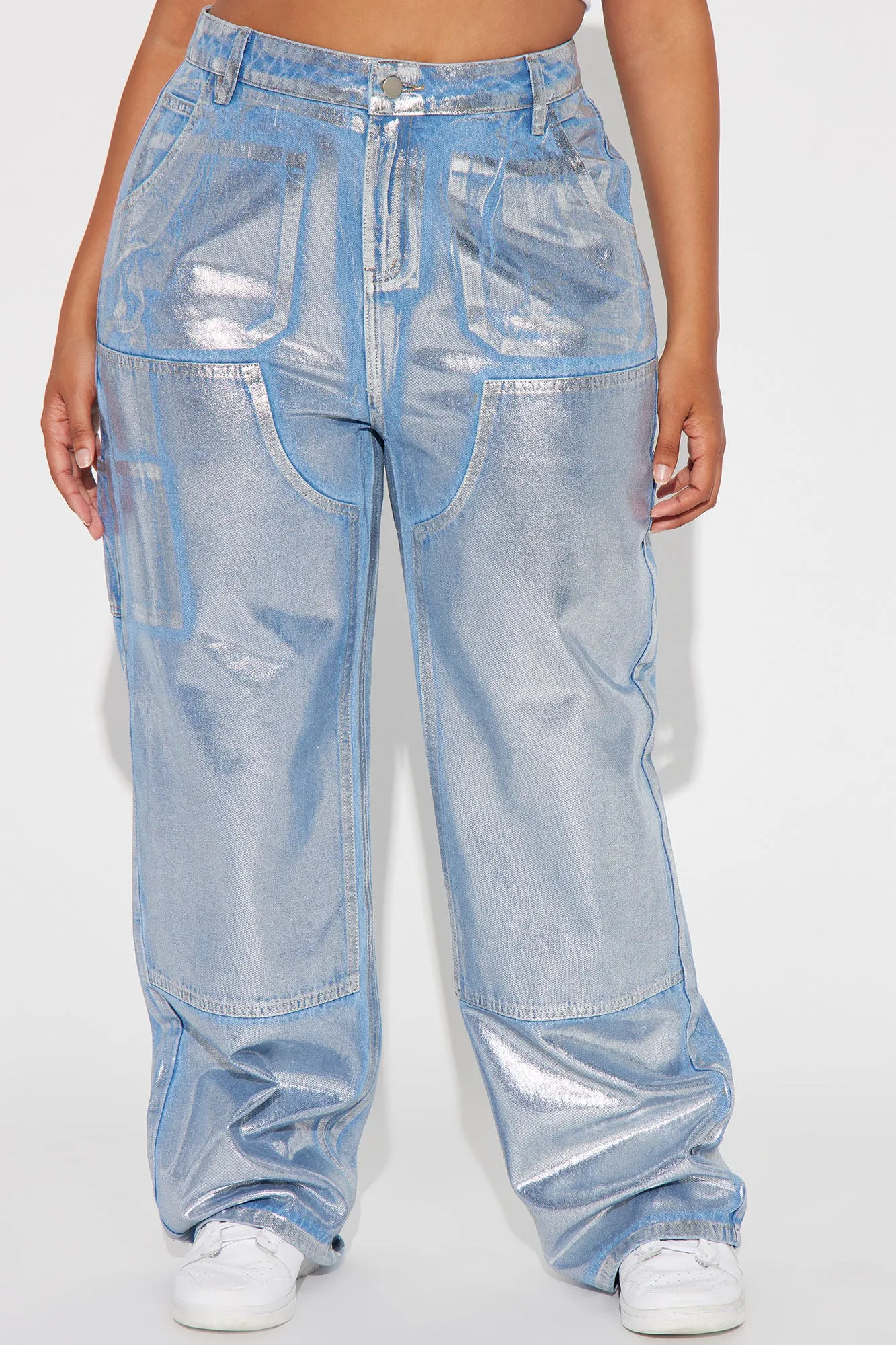 Big Time Magic Metallic Coated Straight Leg Jeans - Light Wash
