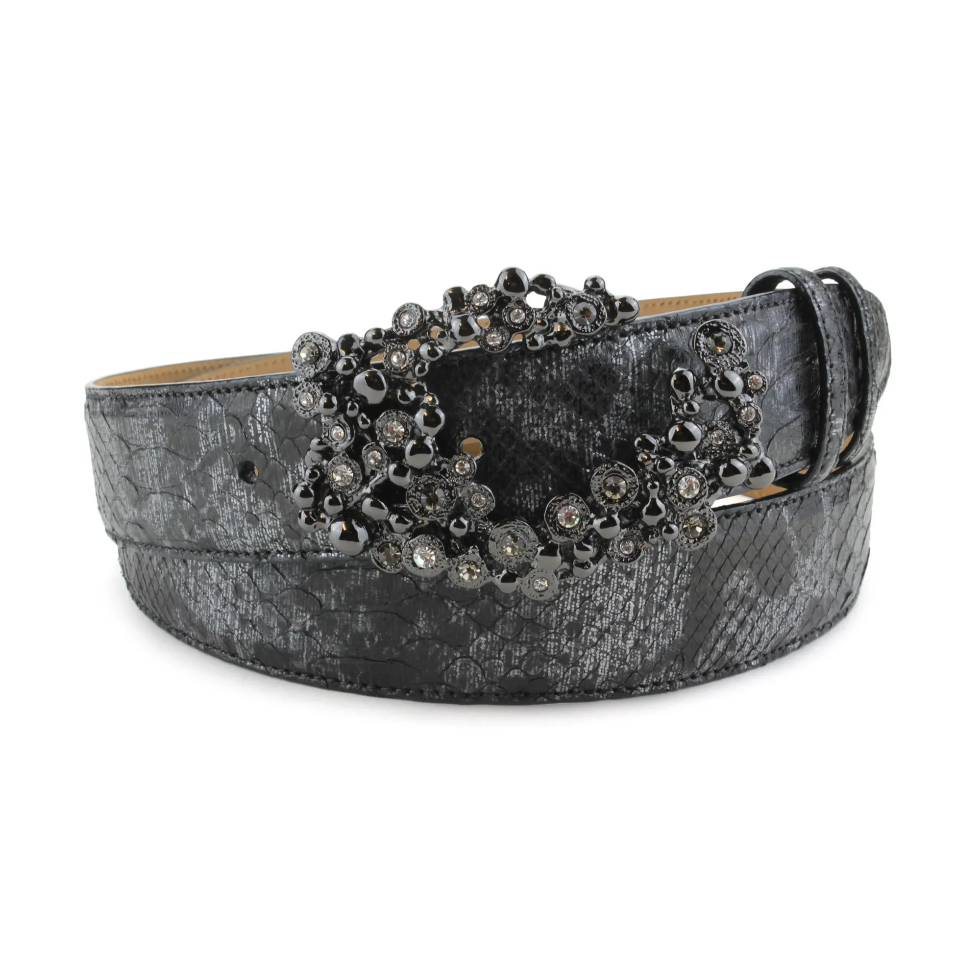 Black Death Metallic Genuine Python Crystal Swirl Belt