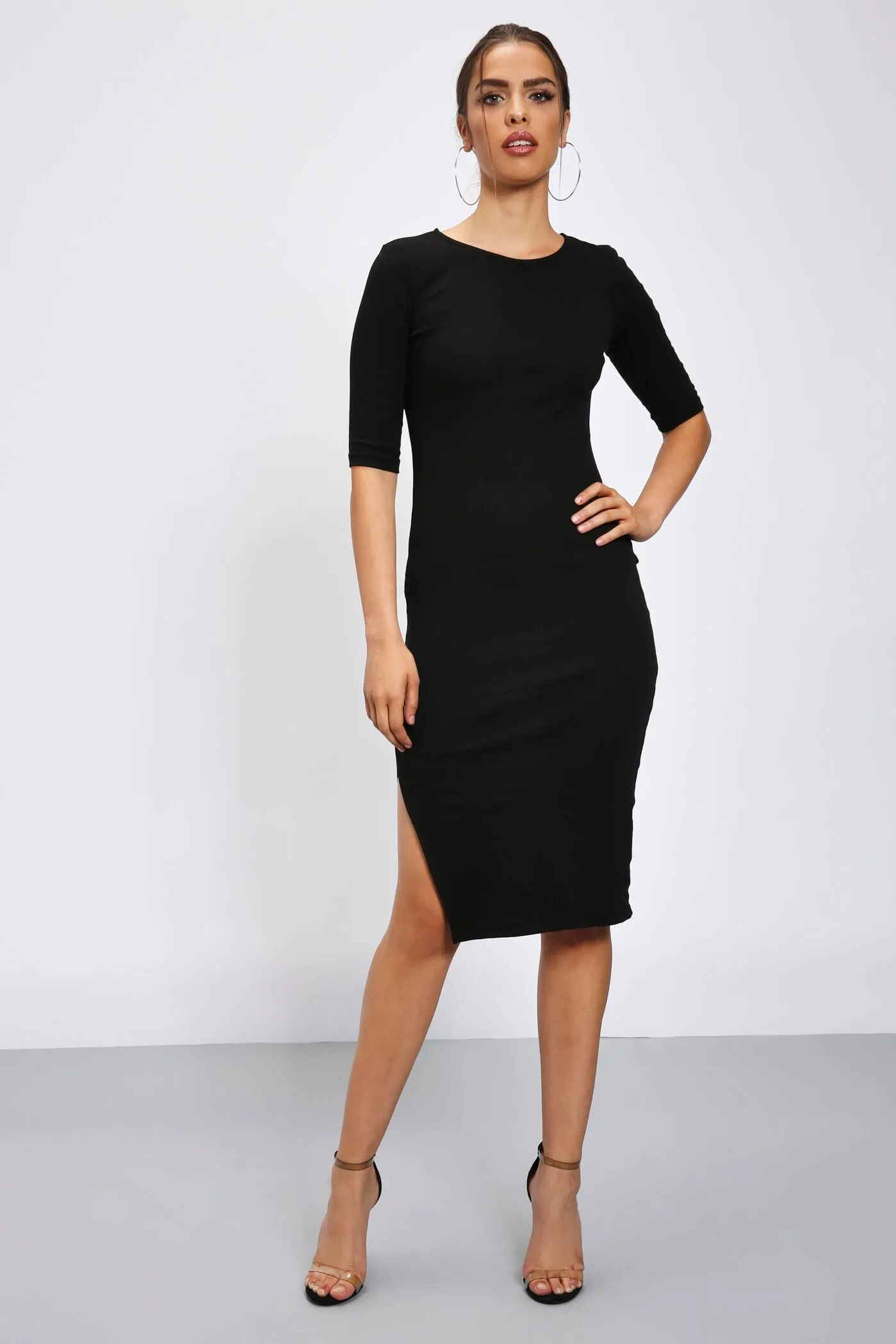 Black High Neck Three Quarter Sleeve Midi Dress