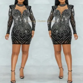 Black L/S Rhinestone Short Dress