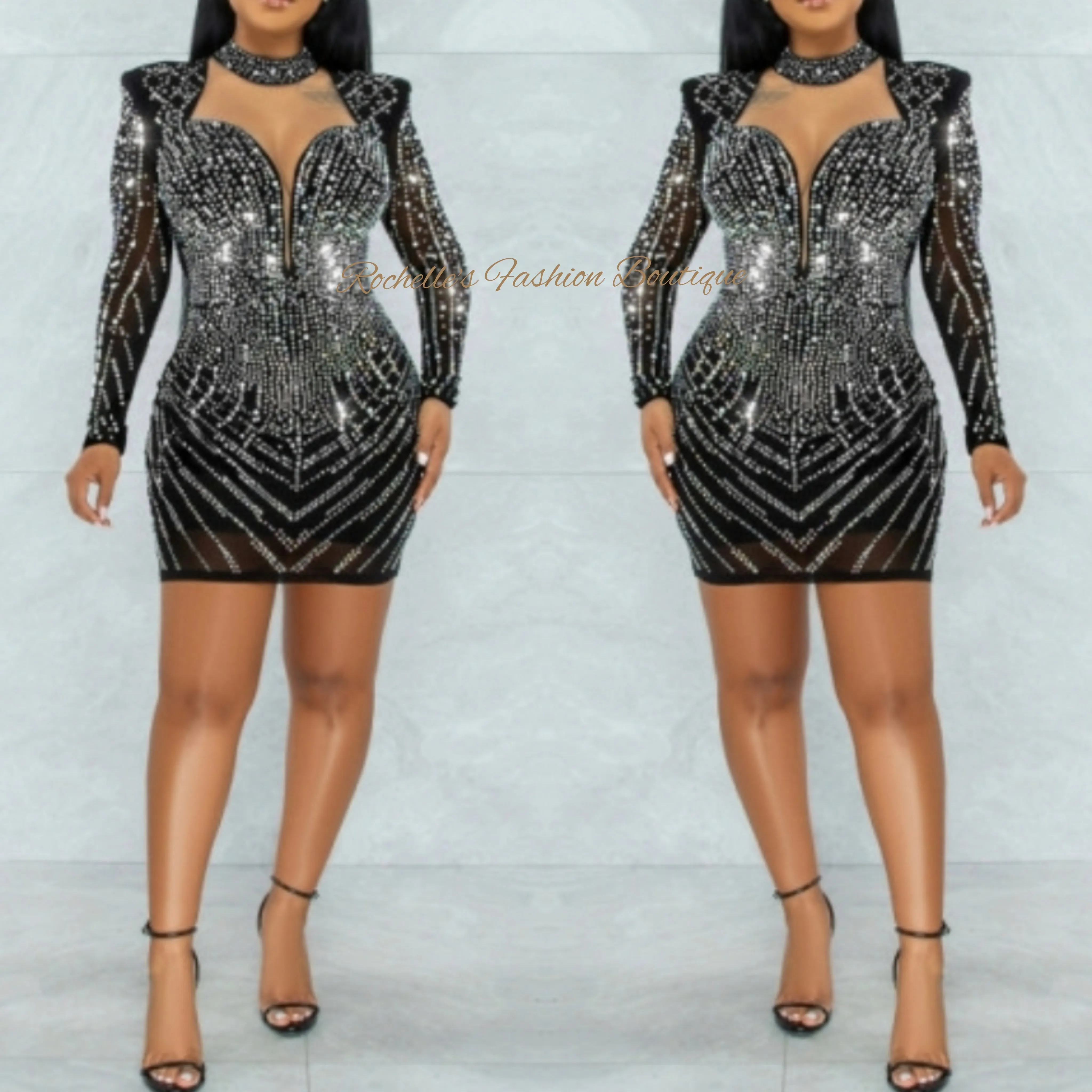Black L/S Rhinestone Short Dress