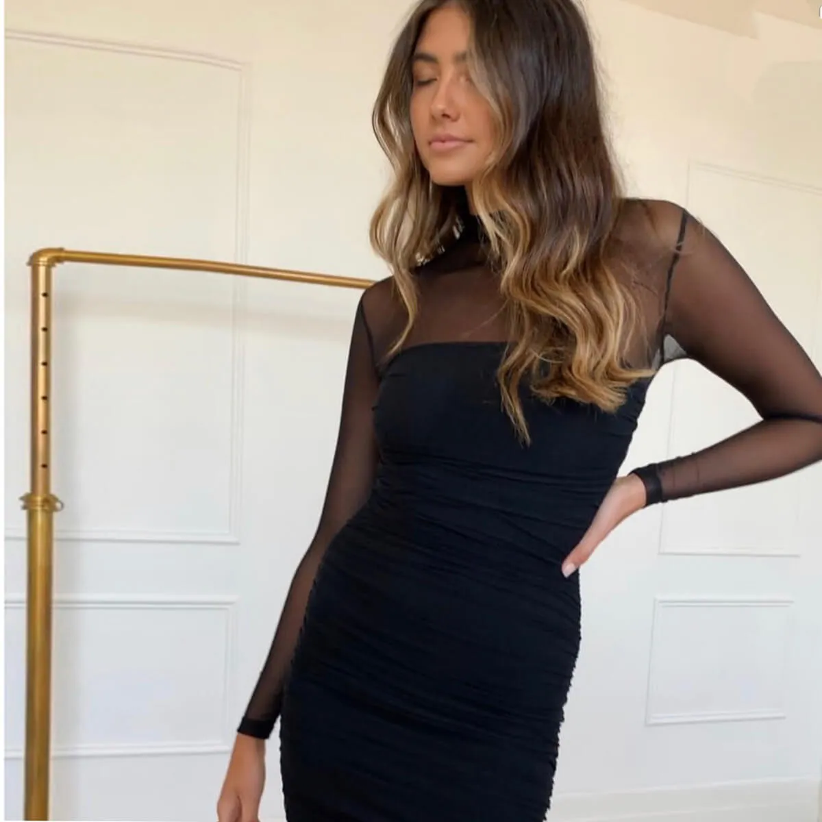 Black Mesh Patchwork Long Sleeve Bodycon Dress