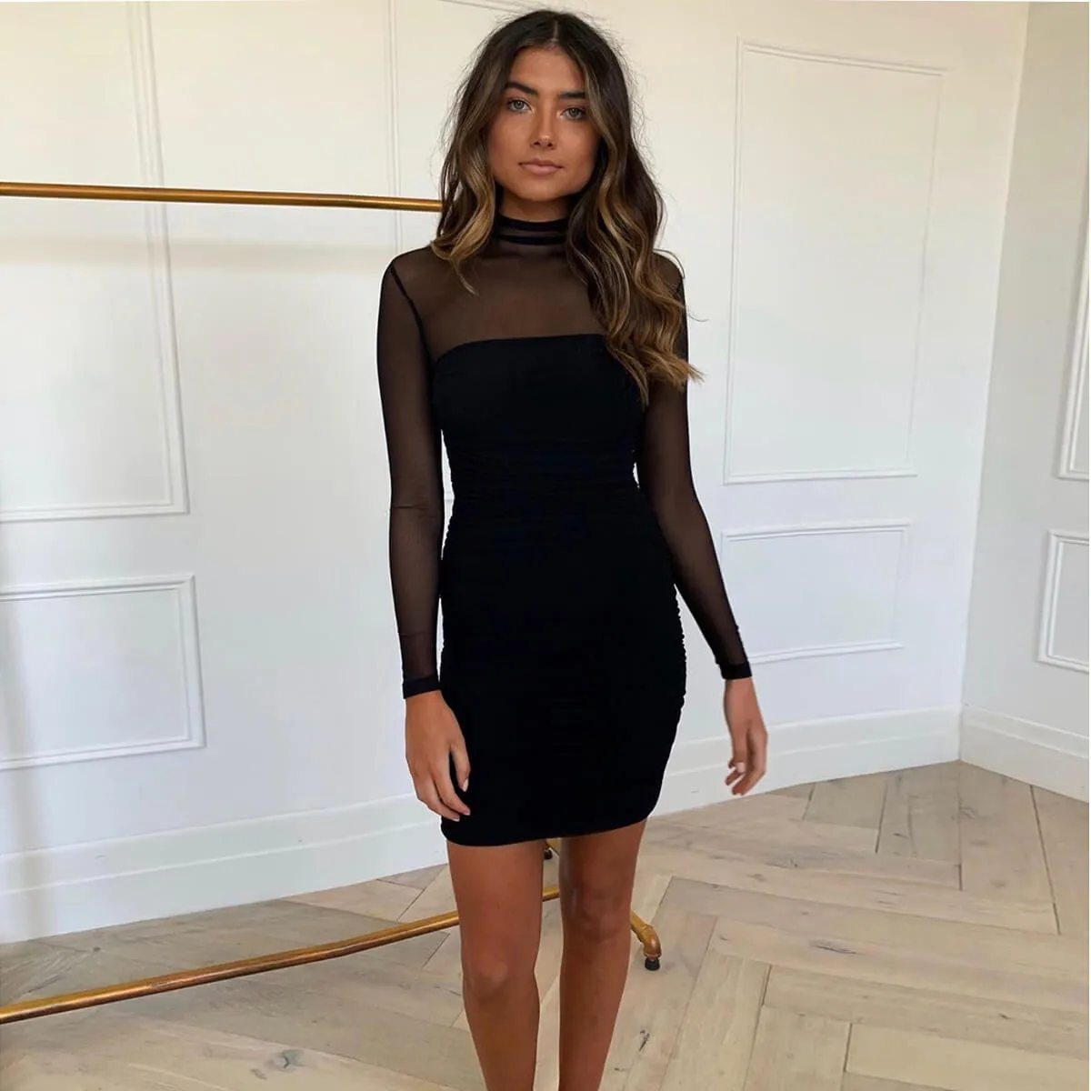 Black Mesh Patchwork Long Sleeve Bodycon Dress