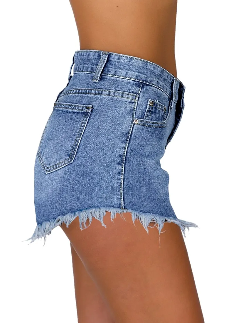 Blue Mid-Waist Frayed Raw Hem Denim Shorts