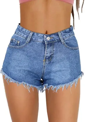 Blue Mid-Waist Frayed Raw Hem Denim Shorts