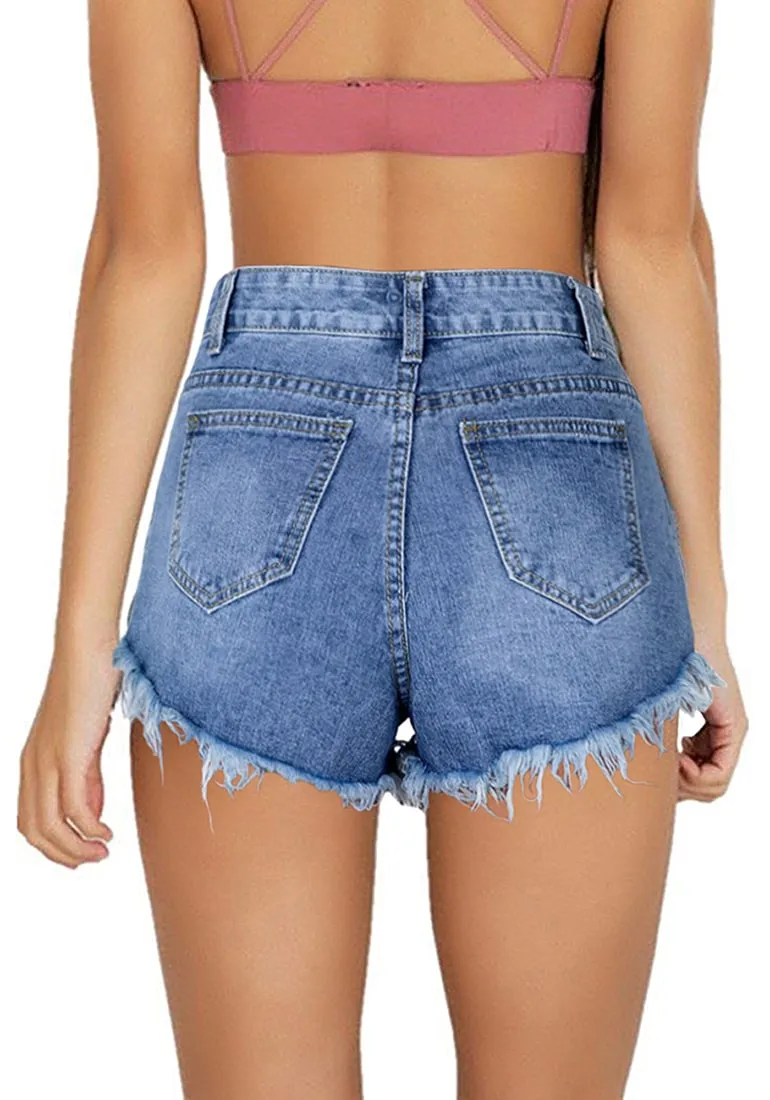 Blue Mid-Waist Frayed Raw Hem Denim Shorts