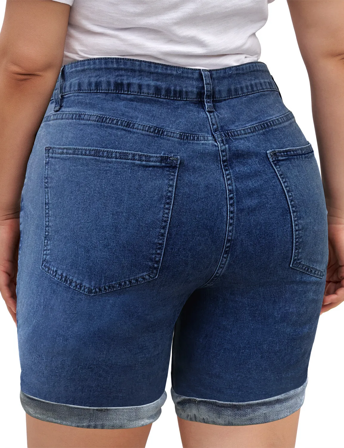 Blue Plus Size High-Waist Cuffed Hem Distressed Denim Biker Shorts