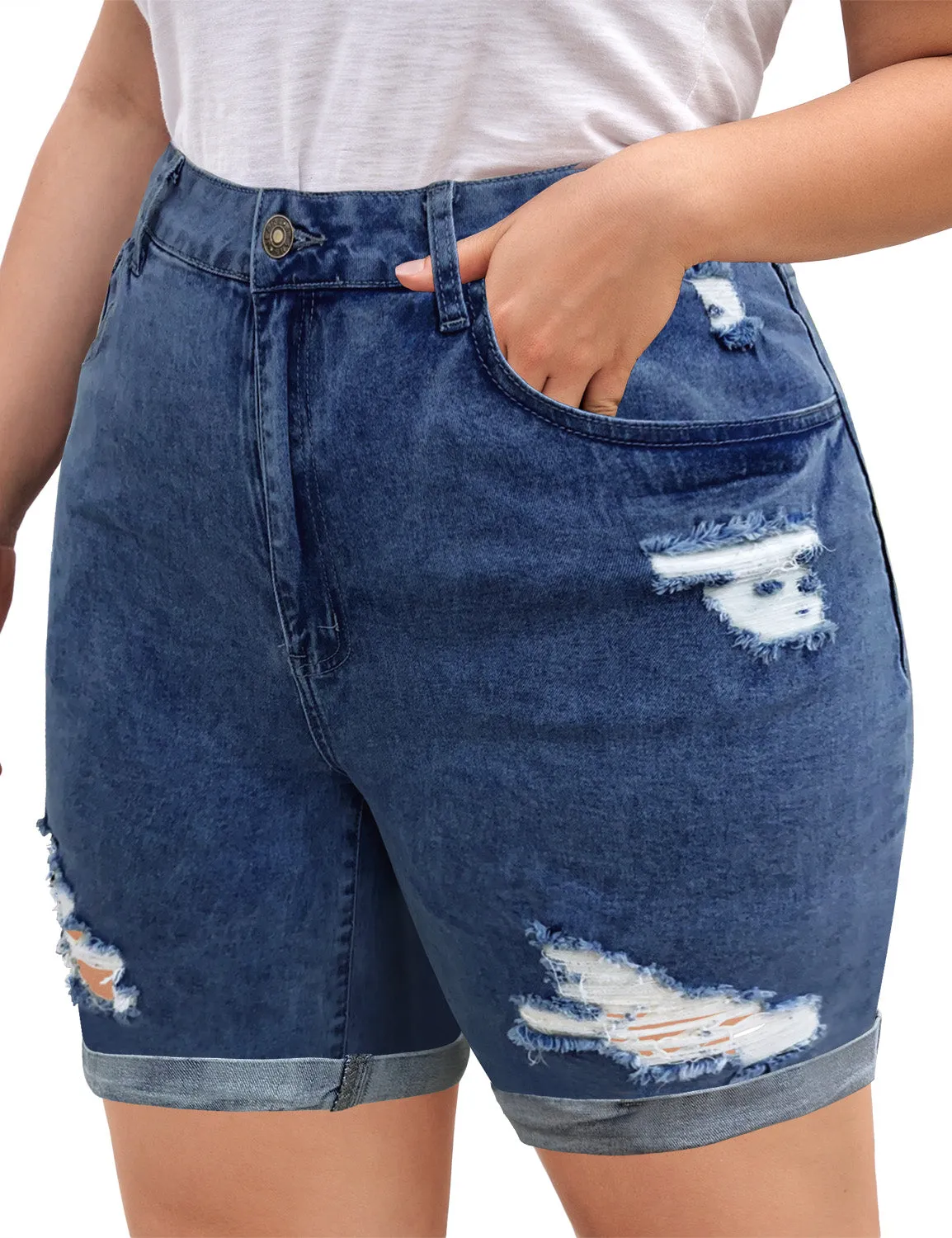 Blue Plus Size High-Waist Cuffed Hem Distressed Denim Biker Shorts