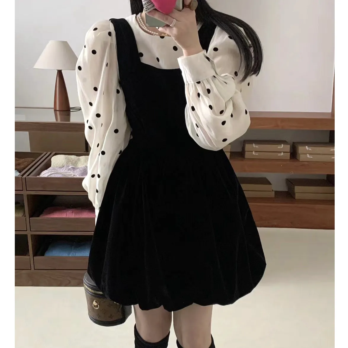 Bow-Back Velvet Dress Polka-Dot Shirt