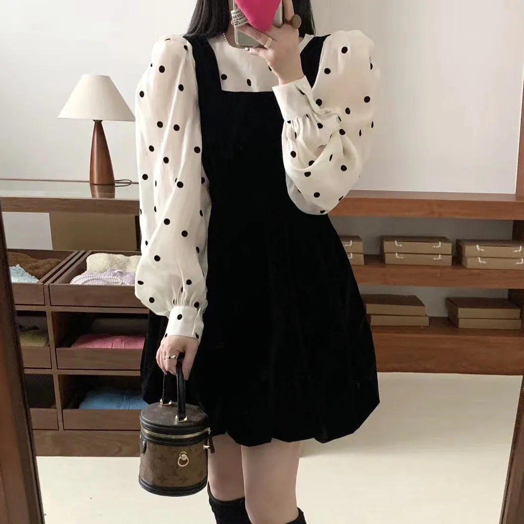 Bow-Back Velvet Dress Polka-Dot Shirt