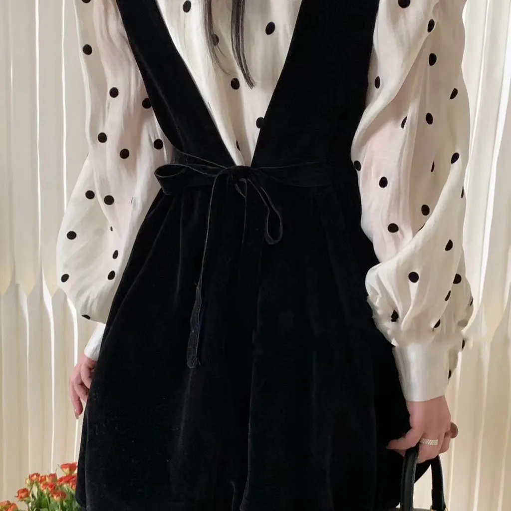 Bow-Back Velvet Dress Polka-Dot Shirt