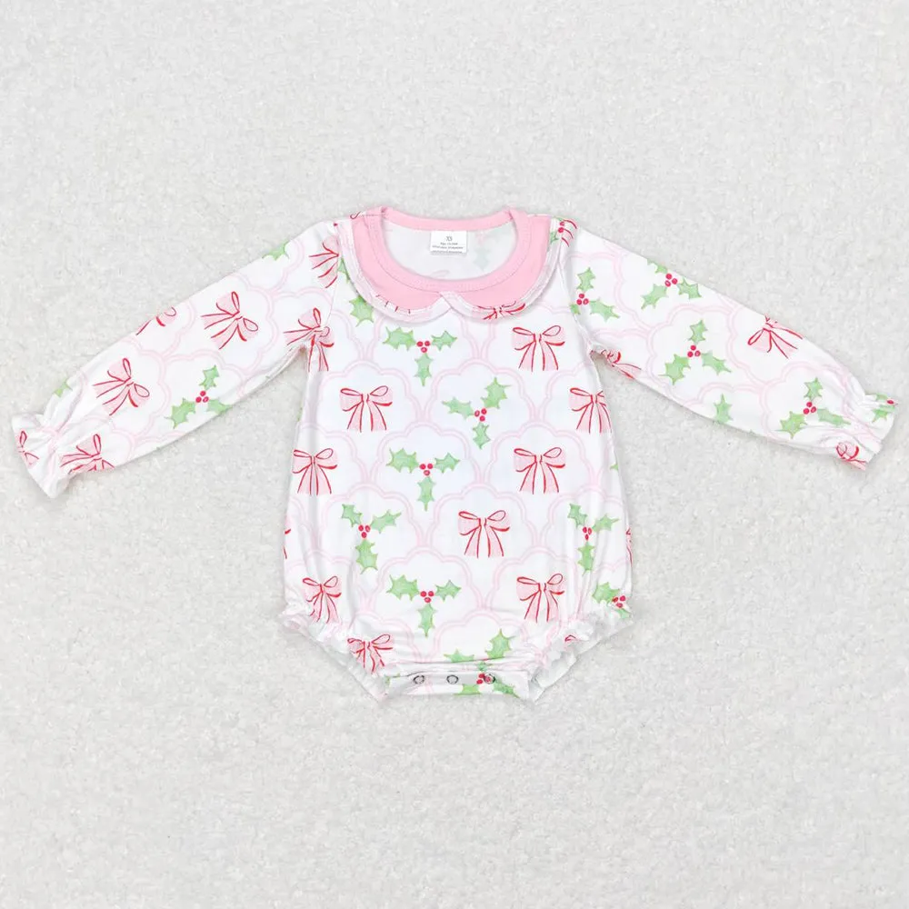 Christmas Baby Girls Rompers Pink Bows Long Sleeve Rompers