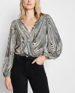 Conscious Edit Printed Satin Faux Wrap Front Open Back Top in Metallic Black