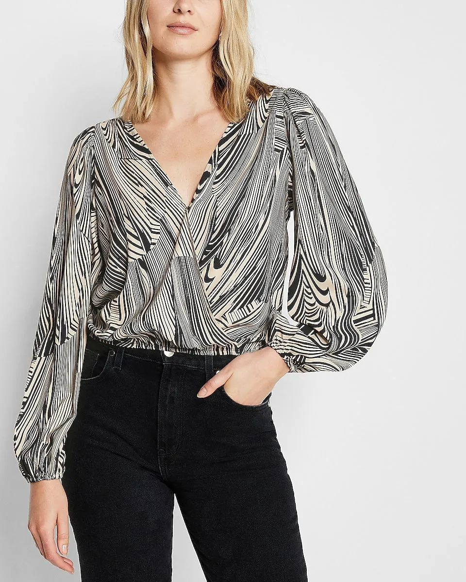 Conscious Edit Printed Satin Faux Wrap Front Open Back Top in Metallic Black