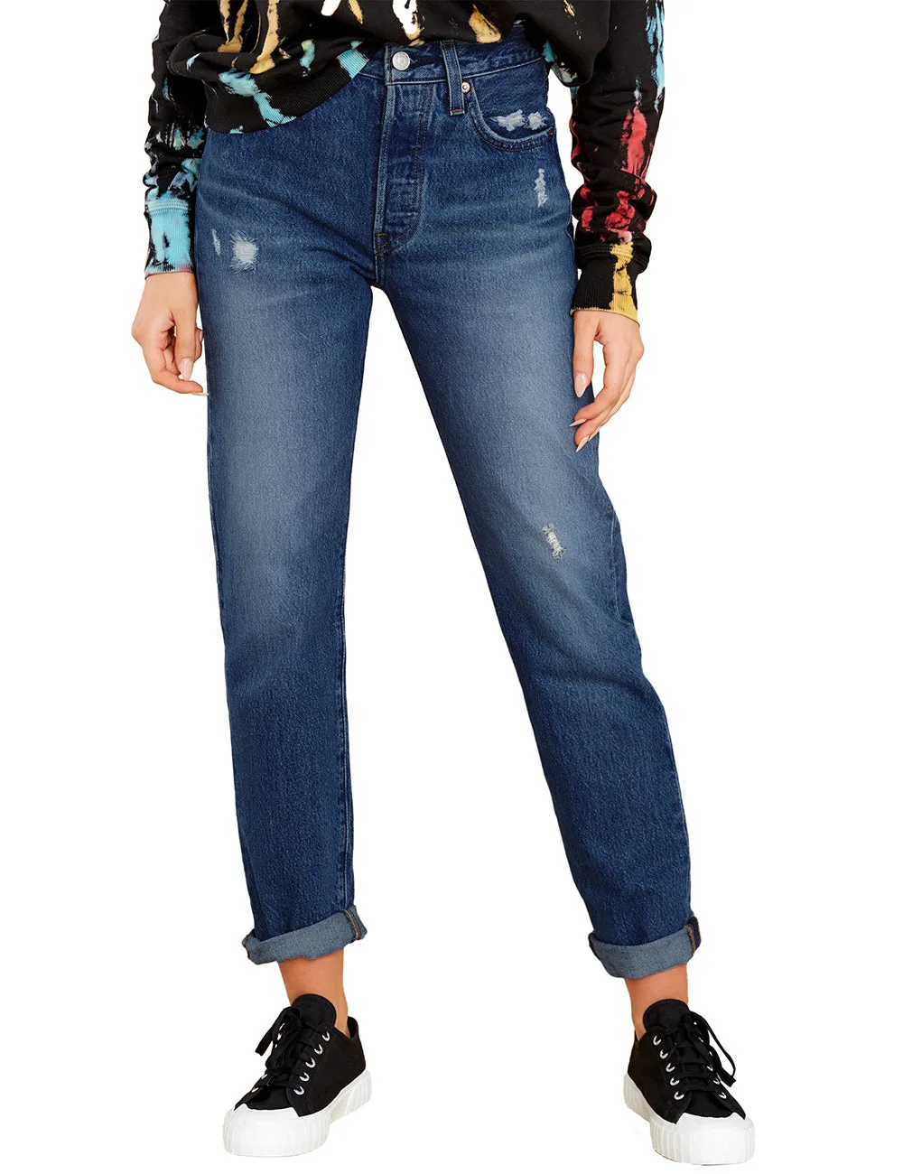 Deep Blue Rolled Hem Distressed Casual Denim Boyfriend Jeans