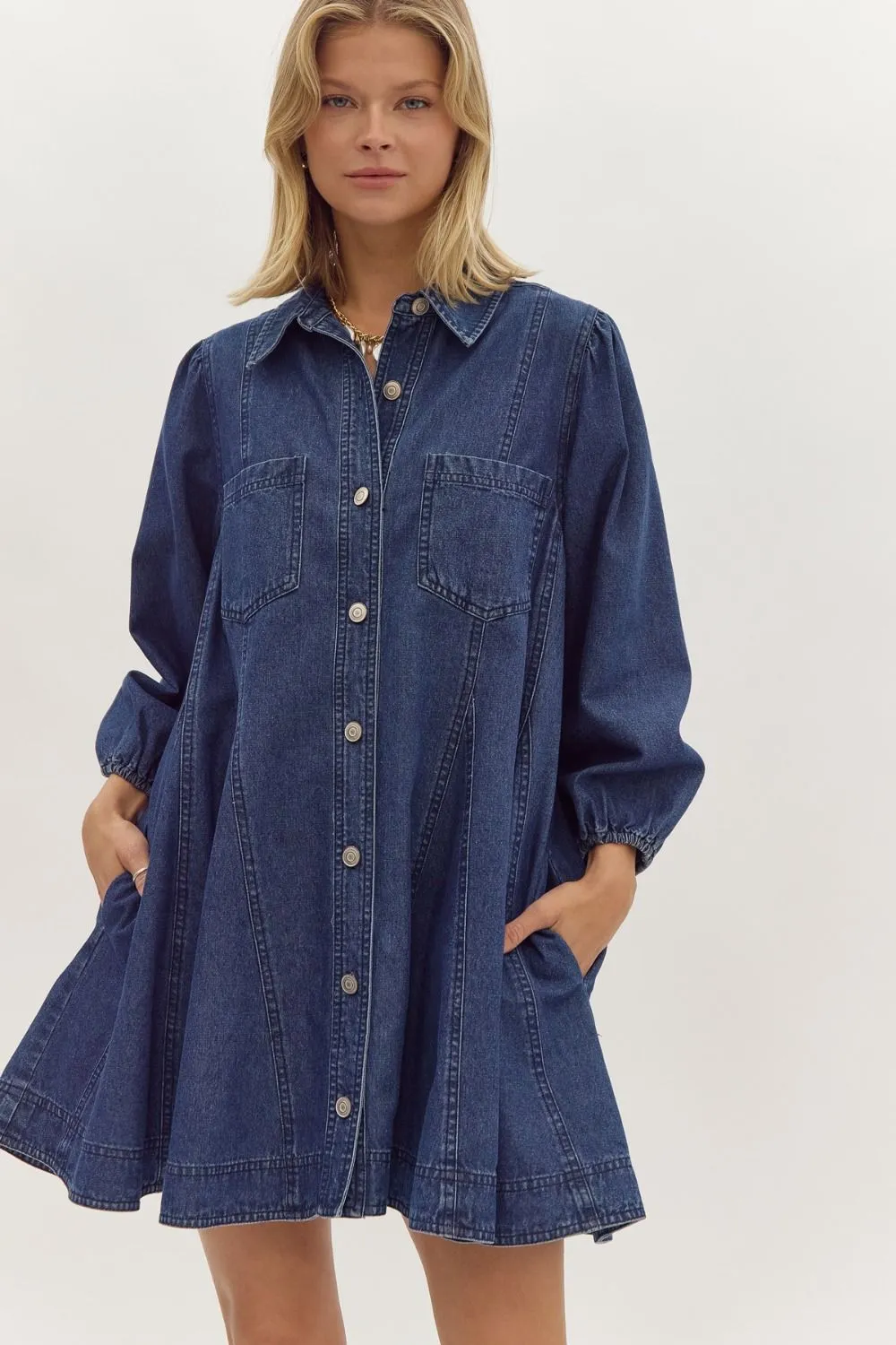 Denim Collared Button Up Mini Dress- Dark Denim