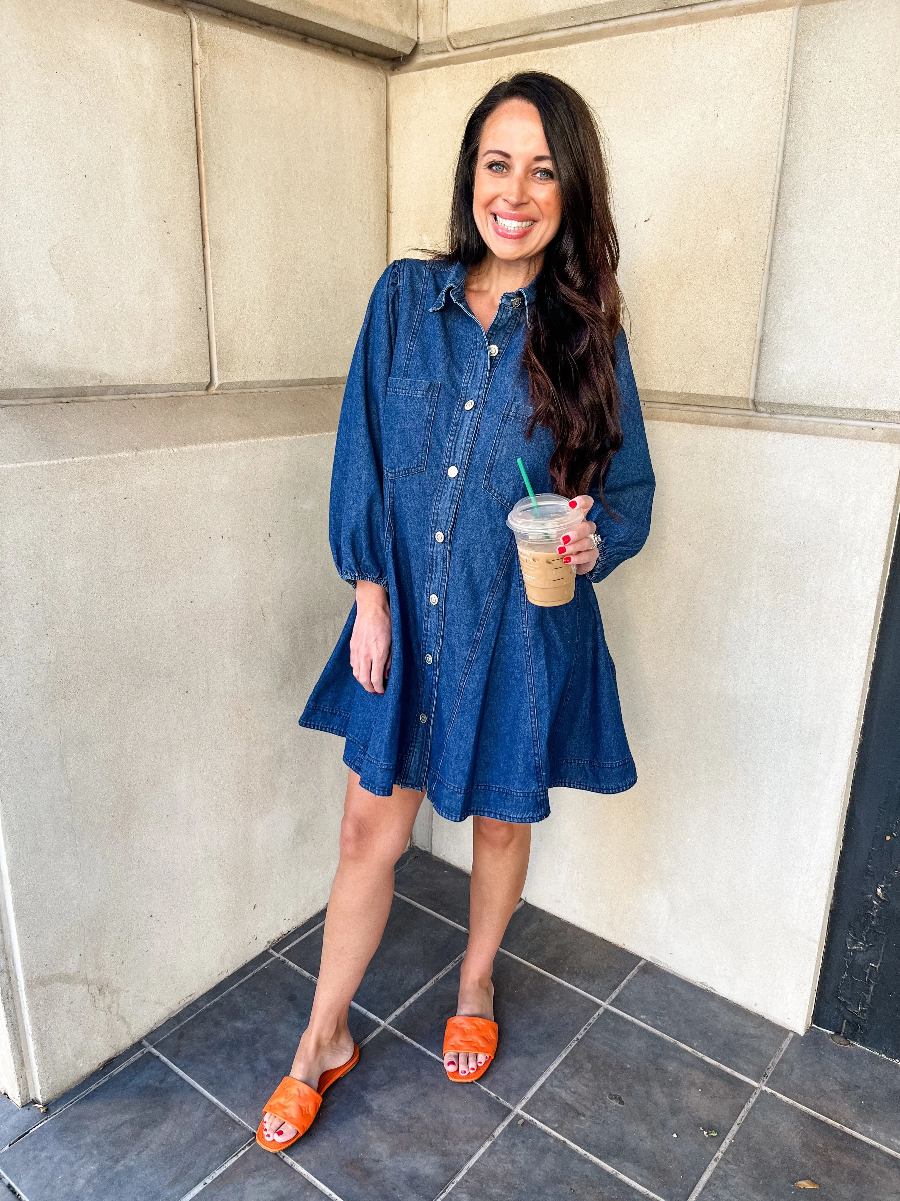 Denim Collared Button Up Mini Dress- Dark Denim