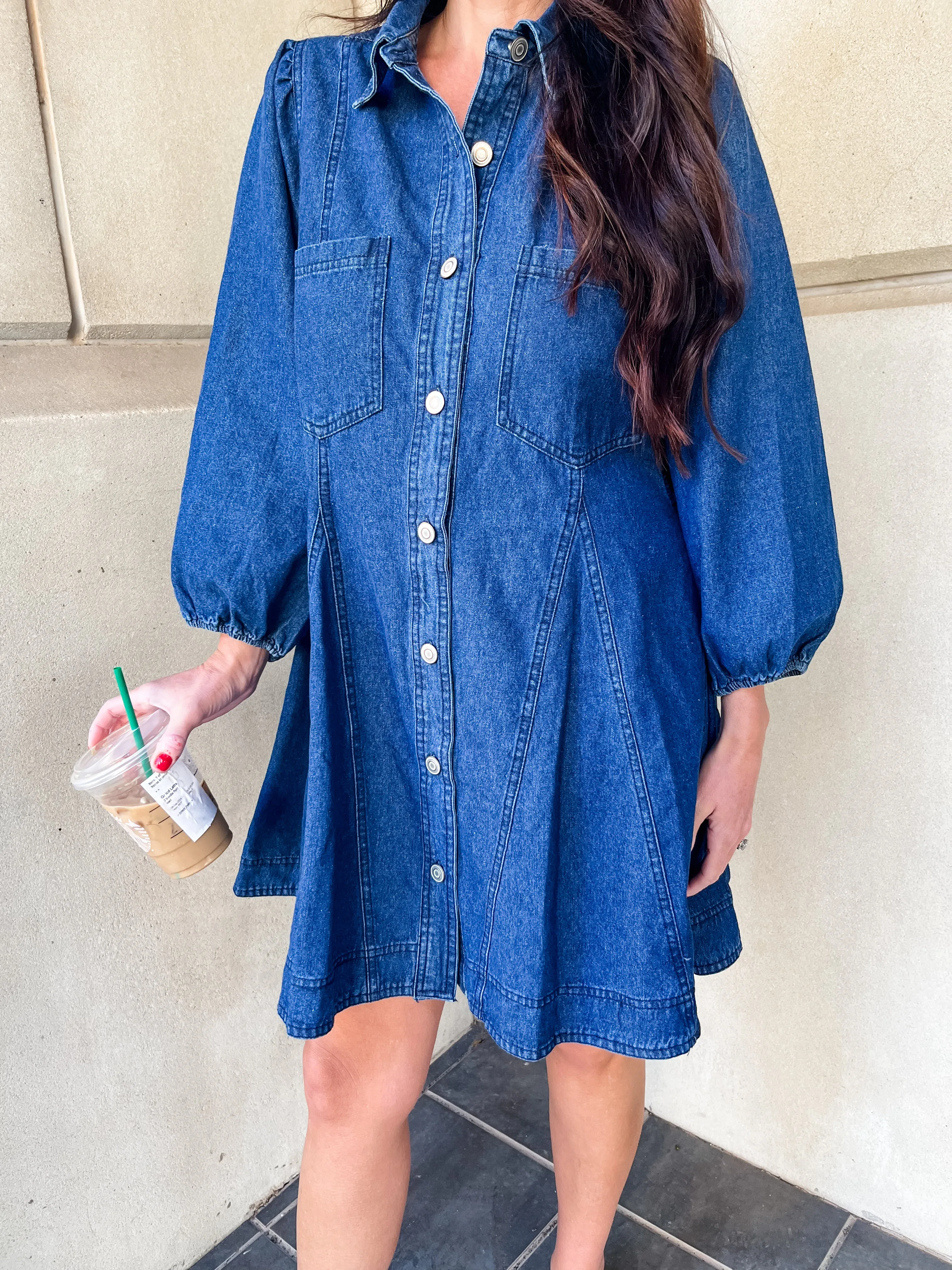 Denim Collared Button Up Mini Dress- Dark Denim