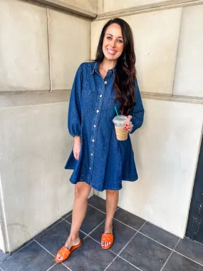 Denim Collared Button Up Mini Dress- Dark Denim