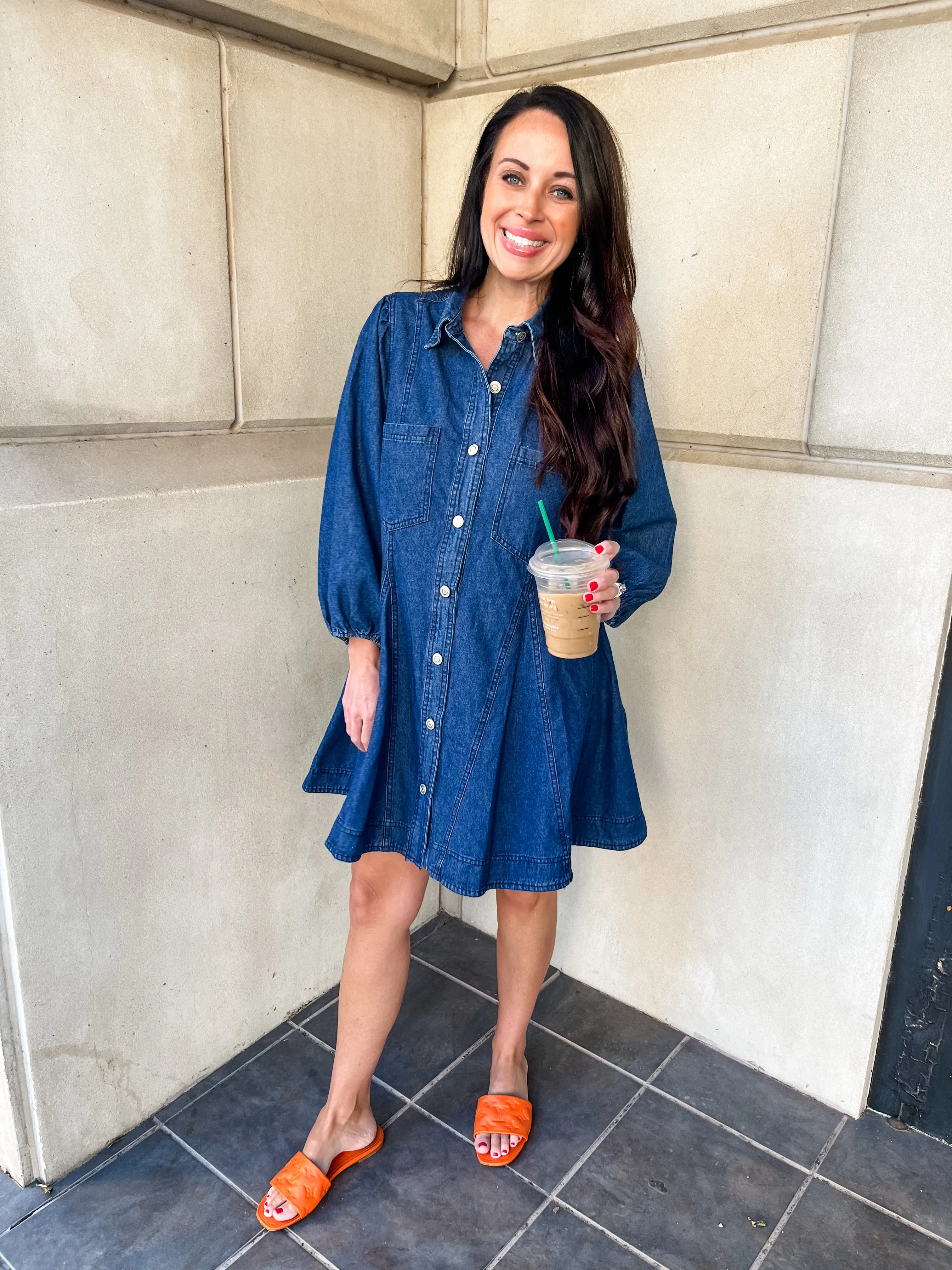 Denim Collared Button Up Mini Dress- Dark Denim
