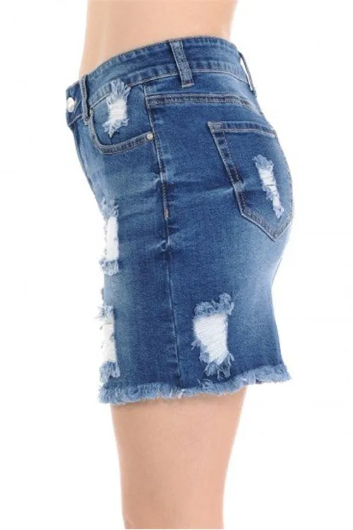 DENIM SKIRT W/ DESTRUCTION AND FRAYED HEM-2-2-2