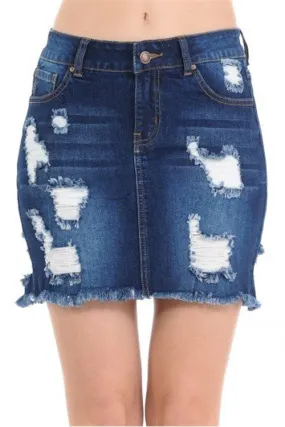 DENIM SKIRT W/ DESTRUCTION AND FRAYED HEM-2-2-2
