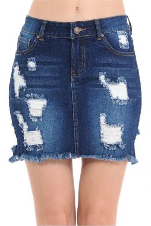 DENIM SKIRT W/ DESTRUCTION AND FRAYED HEM-2-2-2