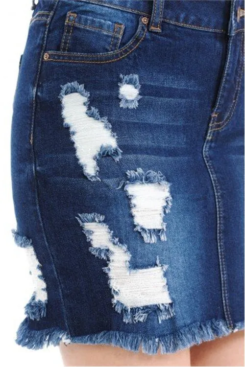 DENIM SKIRT W/ DESTRUCTION AND FRAYED HEM-2-2-2