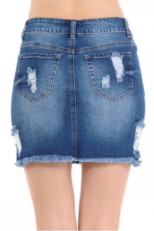 DENIM SKIRT W/ DESTRUCTION AND FRAYED HEM-2-2-2