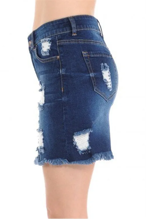 DENIM SKIRT W/ DESTRUCTION AND FRAYED HEM-2-2-2