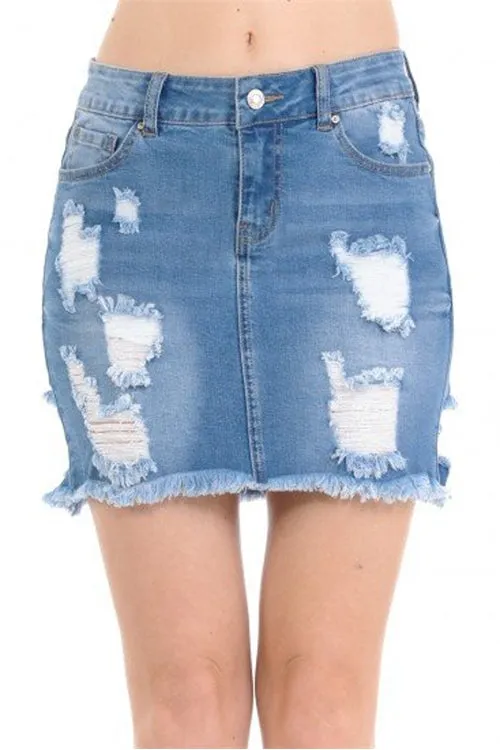 DENIM SKIRT W/ DESTRUCTION AND FRAYED HEM-2-2-2