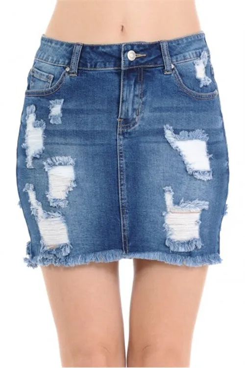 DENIM SKIRT W/ DESTRUCTION AND FRAYED HEM-2-2-2