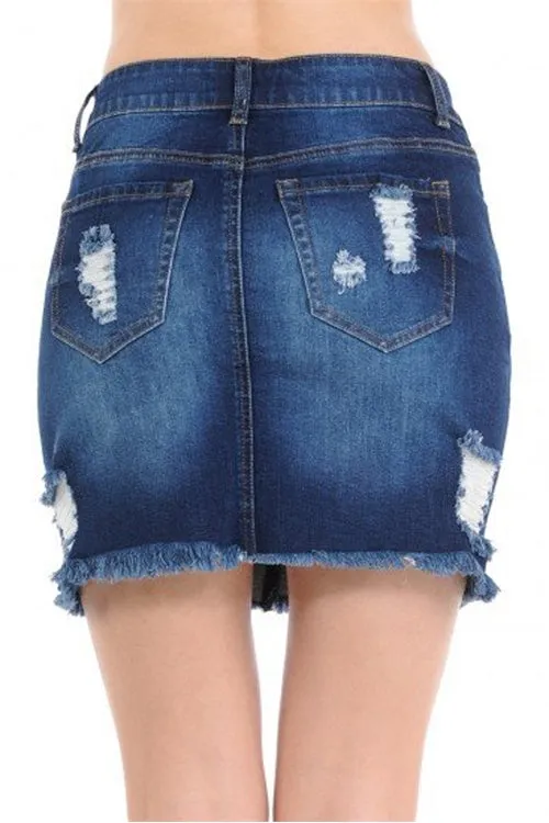 DENIM SKIRT W/ DESTRUCTION AND FRAYED HEM-2-2-2