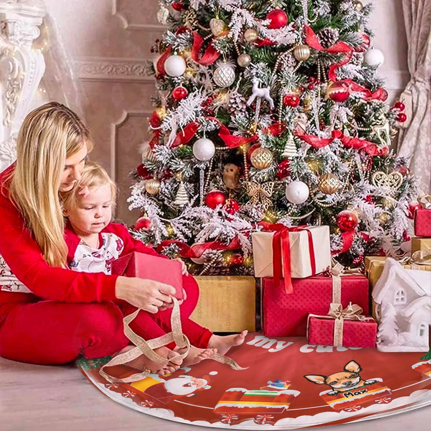 Dog-On-Train With Santa Personalized Christmas Pencil Tree Skirt
