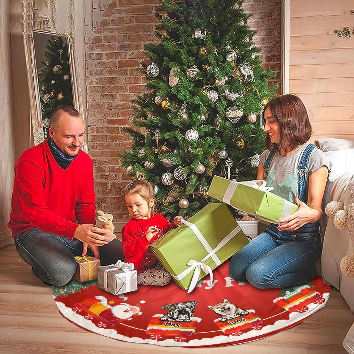 Dog-On-Train With Santa Personalized Christmas Pencil Tree Skirt