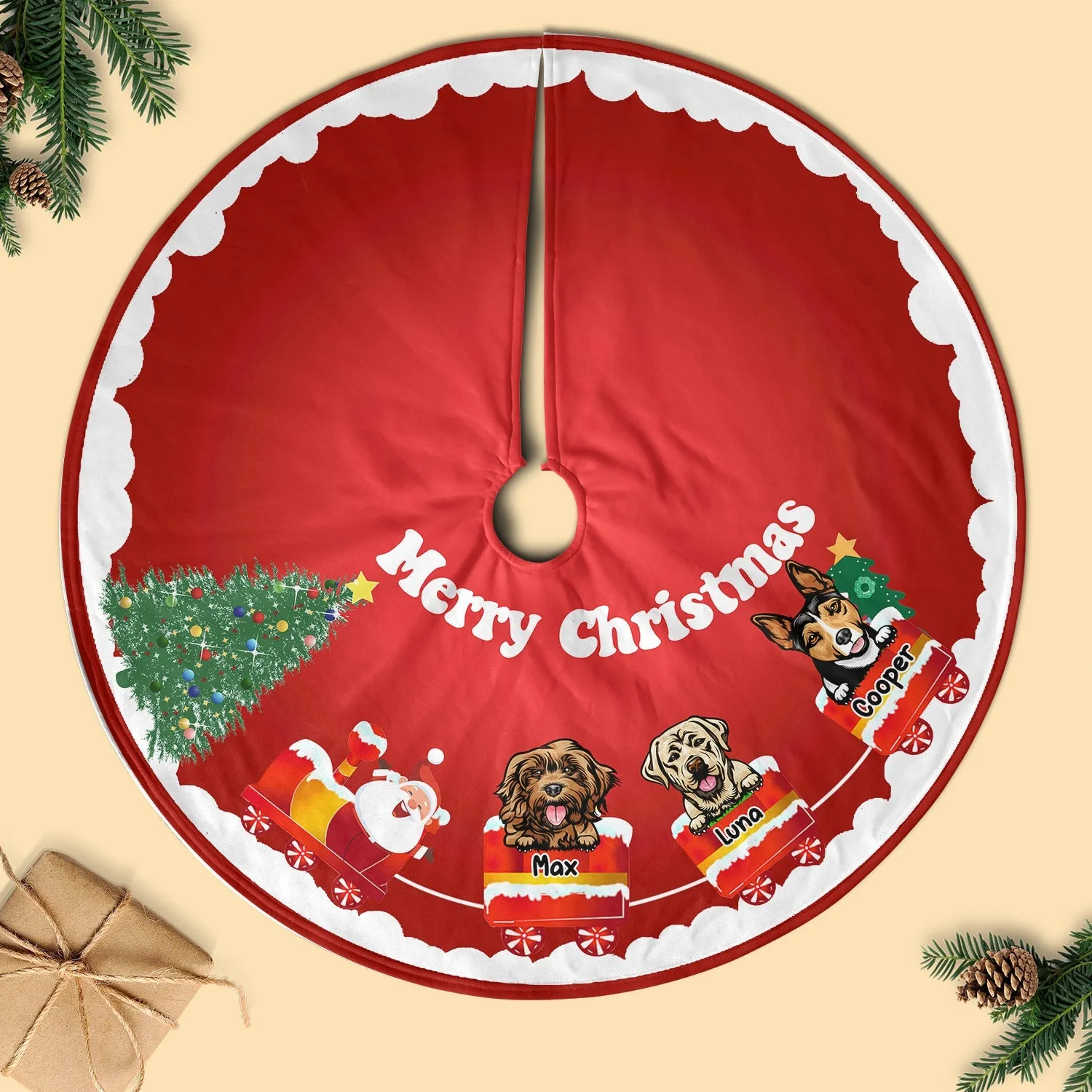Dog-On-Train With Santa Personalized Christmas Pencil Tree Skirt