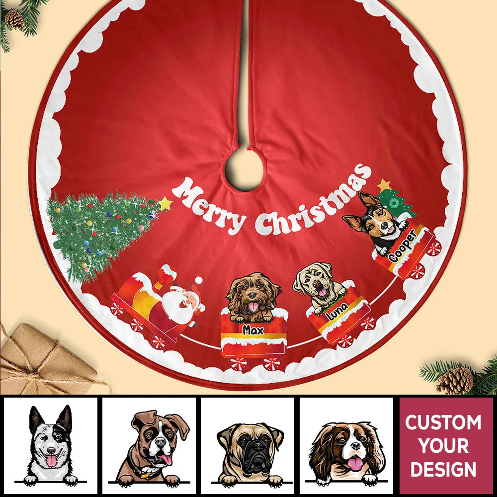 Dog-On-Train With Santa Personalized Christmas Pencil Tree Skirt