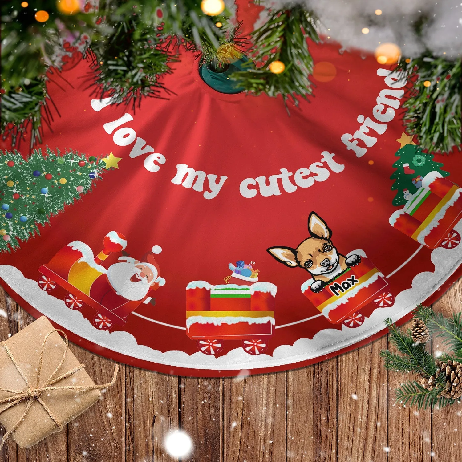 Dog-On-Train With Santa Personalized Christmas Pencil Tree Skirt