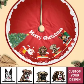 Dog-On-Train With Santa Personalized Christmas Pencil Tree Skirt