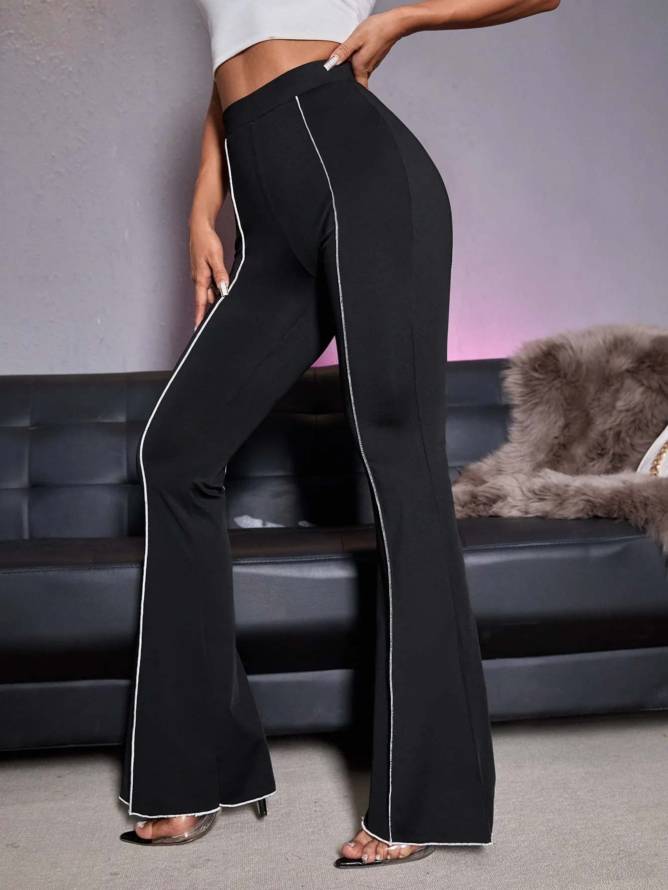 Elegant Contrast Binding High Waist Long Women Pants