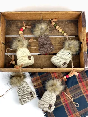 Fishermens Wool Mini Knit Hat Ornament Garland, Folded Brim Tiny Hat Ornaments, Miniature Beanie Christmas Garland Decor, Holiday Decorations